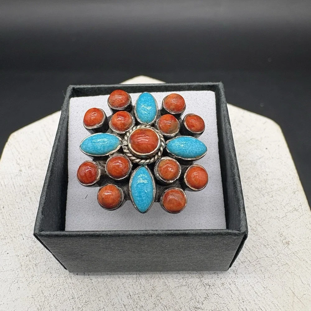 Anja Ring Women Size 8 Sterling Silver Orange Blue Turquoise Spiny Oyster Exc